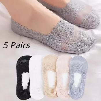 5 пар летних женских носков, нескользящие дышащие кружевные невидимые носки, сексуальные нескользящие крутые тонкие носки, модные носки EUR35-39