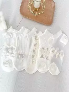 5 пар/лот, летние короткие женские белые носки, крутые носки с низкой трубкой, комплект с милым принтом до щиколотки, новые модные носки Kawaii One Size