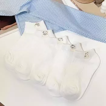 5 пар/лот Милые белые носки для девочек и женщин, низкие, хлопковые, однотонные носки, тканая этикетка с медведем, летние, весенние, дышащие, короткие носки до щиколотки One Size