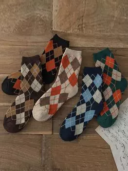 5 пар/лот мужские полосатые носки высокого качества клетчатый ромбовидный узор Harajuku гребенные средние трубчатые цветные хлопковые носки EU 38-43