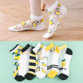 5 пар/лот, прозрачные шелковые носки с кристаллами, женские ультратонкие тонкие носки с кошкой и фруктовым принтом, летние эластичные короткие носки для девочек