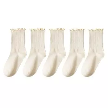 5 пар / лот женские носки с оборками средней длины, короткие, дышащие, черного и белого цвета, комплект весна-осень 35-39