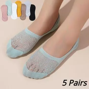 5 пар/лот, женские силиконовые нескользящие невидимые носки, летние однотонные сетчатые носки-лодочки, женские хлопковые тапочки, носки-невидимки EUR35-39