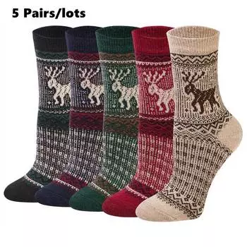 5 пар/лот зимние теплые женские утепленные шерстяные кашемировые зимние носки, европейские национальные носки 5 Pairs чёрный