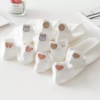 5 пар милых белых женских носков с вышивкой, короткие носки до щиколотки, кофейные с кроликом, медведем, бантиком, сердечком и выражением, хлопковые носки-следки EU35-40 US5-10