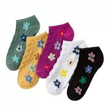 5 пар Милых и Удобных Женских Низких Носков до Щиколотки с Цветочным Принтом - Мягкие и Текстурированные Чулки и Носки One Size