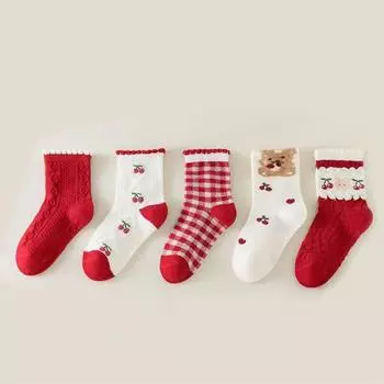 5 пар милых носков с вишневым мишкой для девочки, красные новогодние носки, с цветочными оборками и в клетку, детские теплые носки средней длины, хлопковые носки 1-3Y