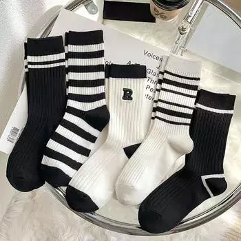 5 пар модных черно-белых полосатых хлопковых женских длинных носков, универсальные, простые, осенние женские носки, новинка, горячая распродажа One Size