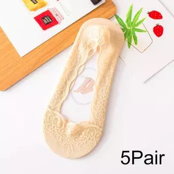 5 пар модных летних прозрачных нескользящих носков-лодочек с цветочным кружевом, незаметные легкие дышащие невидимые носки длиной до щиколотки с низким вырезом бежевый