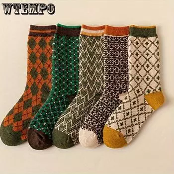5 пар мягких носков с геометрическим узором, удобные женские чулки и чулочно-носочные изделия средней длины One-size