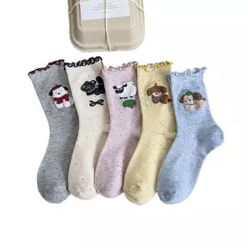 5 пар мультяшных женских носков до середины голени в корейском стиле с милыми животными и деревянным ушком, длинные носки с отворотом для девочек One size