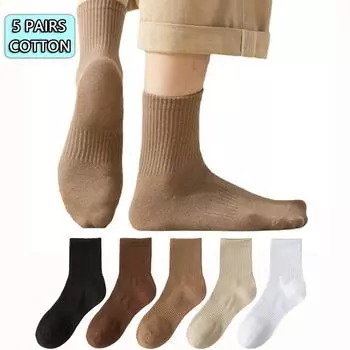 5 пар мужских хлопковых носков среднего размера, однотонные Нескользящие спортивные носки с высокой резинкой на талии, мужские размеры 38-43 EUR38-43 разноцветный