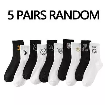 5 пар мужских носков средней длины случайных цветов с граффити-узорами, популярные, удобные, влагоотводящие и поглощающие пот 39-42