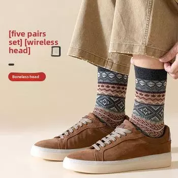 5 пар мужских носков весна-осень в ретро-этническом стиле без косточек с антизапахом, средней высоты, из хлопка 5 Pairs