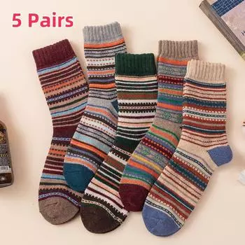 5 пар мужских утолщенных носков в винтажном стиле в этническом стиле, полосатые толстые повседневные носки, зимние теплые носки 5 Pairs