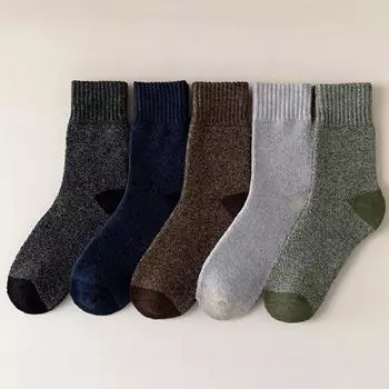 5 пар мужских зимних носков, толстые, с плюшевой подкладкой, средней длины, толстые, сохраняющие тепло, однотонные, нескользящие, трикотажные, повседневные, спортивные носки для пешего туризма, кемпинга, катания на лыжах