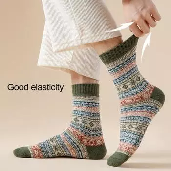 5 пар мужских зимних носков, высокие хлопковые носки в стиле ретро, этнические, эластичные манжеты в рубчик, цветные