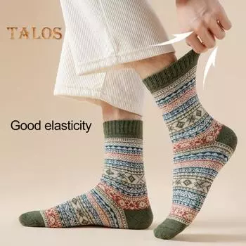 5 пар мужских зимних носков, высокие хлопковые носки в этническом стиле, эластичные манжеты в рубчик, цветные носки для походов и спорта, машинная стирка, сохраняют тепло C