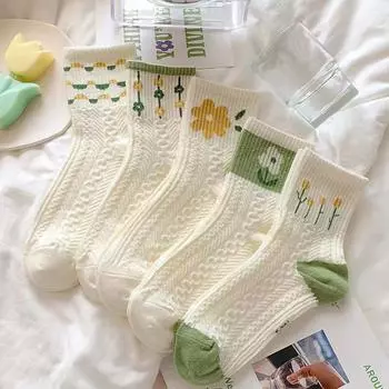 5 пар носков для девочек, милые женские носки среднего размера с цветами, милый стиль, четыре сезона 5 Pairs