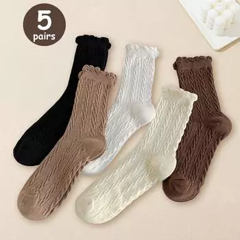 5 пар носков для женщины сексуальные мягкие кружевные весенние однотонные полосатые модные женские новые ретро харадзюку лолита носки средней длины One Size