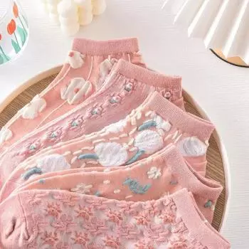 5 пар носков до щиколотки с 3D текстурой Kawaii Cute Flower - тонкие носки в винтажном стиле с низким вырезом для женщин, розовые носки-лодочки для женщин One Size