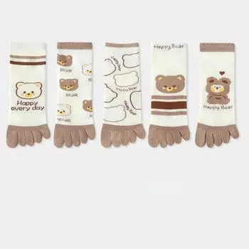 5 пар носков с пятью пальцами, женские носки для йоги, пилатеса, хлопковые носки с отдельными пальцами, милые кавайные носки с изображением медведя из мультфильма