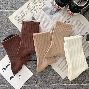 5 пар носков средней длины из полиэстера и хлопка для женщин, набор, японская мода, однотонные носки с вертикальными полосками для девочек One Size