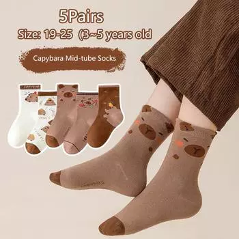 5 пар носков средней длины с принтом капибары из мультфильма, дышащие мягкие повседневные носки унисекс, осенне-зимние, кофейные, сохраняющие тепло, носки средней длины A