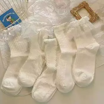 5 пар носков женские белые носки-трубы с кружевом и бантом в стиле колледжа, милые носки принцессы JK для улицы One Size