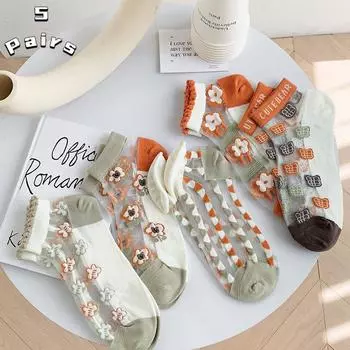 5 пар носков, женские носки, летние милые короткие носки с маленьким цветком, стеклянные шелковые дышащие носки в студенческом стиле 5 Pairs Mixed color