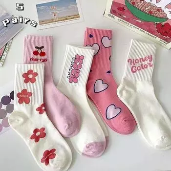 5 пар носков, женские носки, носки до середины икры с буквами и маленькими цветами, хлопковые носки Cherry Love Tide 5 Pairs Mixed color
