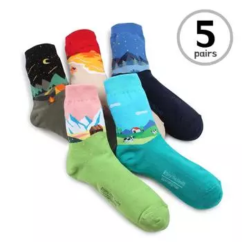 (5 пар) Новинка, хлопковые носки для экипажа с принтом природы AL15 23cm - 26cm