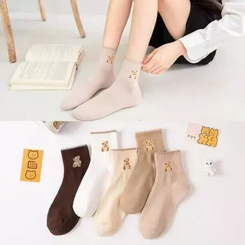 5 пар новых милых носков с медведем, женские теплые носки из полиэстера, коричневые носки, пушистые забавные милые термоноски с героями мультфильмов Kawaii One Size