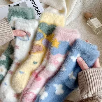 5 пар новых плюшевых носков с рисунком в виде белых облаков и бабочек, теплые носки из норкового бархата, теплые носки для ног, дышащие носки до середины икры, женские носки one size