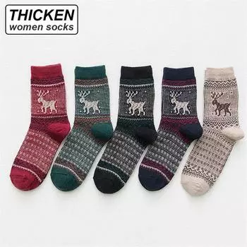 5 пар новых женских шерстяных носков, разноцветные модные осенне-зимние шерстяные носки, теплые толстые женские длинные носки EUR34-39 разноцветный