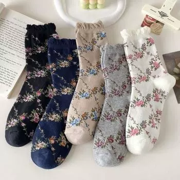 5 пар осенне-зимних носков средней длины для женщин, модные носки с оборкой и цветочным принтом, милые носки в стиле Лолиты, повседневные носки для женщин One Size