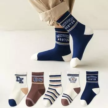 5 пар/партия, детские хлопковые носки средней длины, детские школьные спортивные носки, белые модные полосатые носки с простыми буквами для мальчиков и девочек от 3 до 12 лет