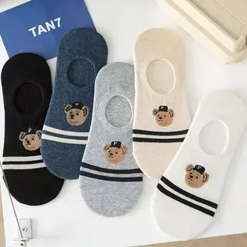 5 пар/партия модные мужские носки-лодочки нескользящие прозрачные силиконовые хлопковые тапочки до щиколотки носки с рисунком медведя на лето и осень One Size