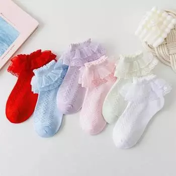 5 пар/партия носков для девочек, летние новые сетчатые хлопковые тонкие детские носки, модные эластичные белые кружевные цветы, детские носки принцессы 1-3Years(S) синий