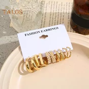 5 пар серег-кольцов для женщин, модные массивные жемчужные серьги, витые массивные серьги, гипоаллергенные серьги-кольца для вечеринки по случаю дня рождения золотистый