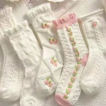 5 пар симпатичных кружевных носков средней длины с оборками по краям в стиле Харадзюку, мягкие, модные, подходящие для девочек, удобные, впитывающие пот носки One Size