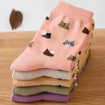 5 пар удобных носков средней длины с принтом кота, повседневные универсальные женские чулки и чулочно-носочные изделия 5 Pairs