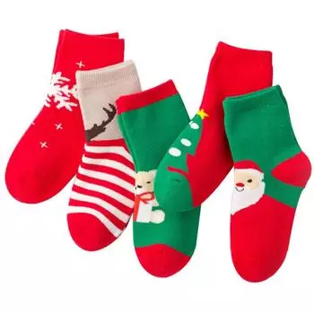 5 пар/упак. рождественские хлопковые зимние носки для маленьких мальчиков и девочек, модные осенне-зимние новогодние теплые напольные противоскользящие носки L