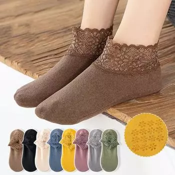 5 пар утепленных зимних тапочек с мягкой подошвой, домашние тапочки, милые кружевные носки унисекс серый