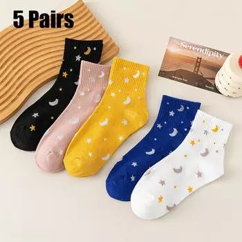 5 пар забавных носков Harajuku Creative Fashion Moon Stars Socks Теплые милые удобные повседневные женские носки EUR 36-39