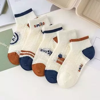 5 пар женских белых носков, милые носки с улыбкой, хлопковые короткие носки в стиле Лолиты для девочек, дышащие, элегантные носки One Size