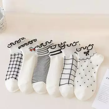 5 пар женских белых носков с оборками, милые полосатые носки Y2k Harajuku Lolita, хлопковые носки для девочек, носки с бантом One Size