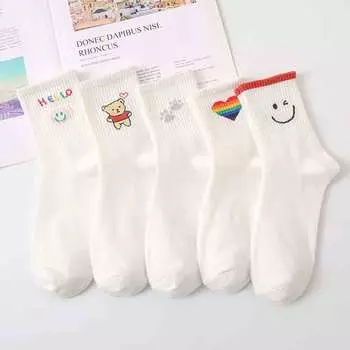 5 пар женских белых носков с рисунком радуги из мультфильма, хлопковые носки Y2K Harajuku в японском стиле, милые спортивные носки Kawaii для женщин, повседневные One Size