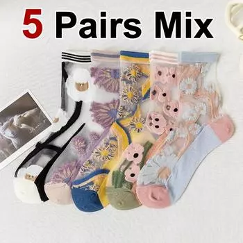 5 пар женских дышащих носков средней длины с цветочным узором, летние тонкие модные смешанные мягкие удобные повседневные носки One Size