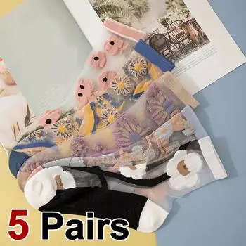 5 пар женских дышащих носков средней длины с цветочным узором, летние тонкие модные смешанные мягкие удобные повседневные носки One Size